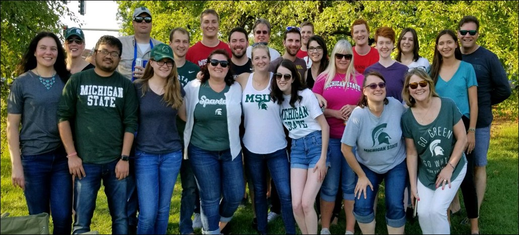 Microbiology and Molecular Genetics Post Doc Association tailgate group photo, 2018